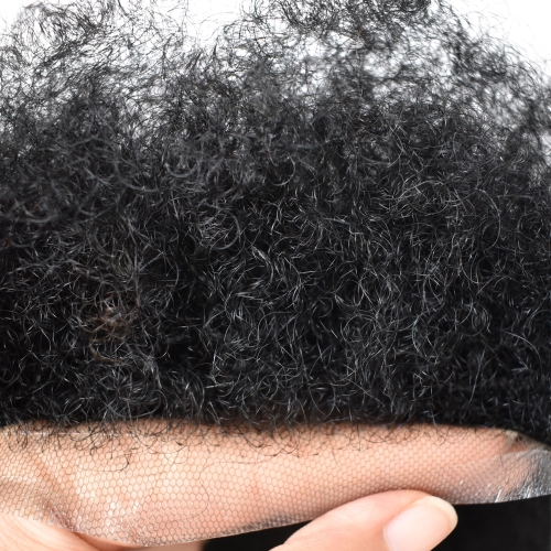 Q6 Afro Kink Curl Toupee for Black Men French Lace African American Human Hair Replacement Systems Breathable Swiss Lace Hairpiece