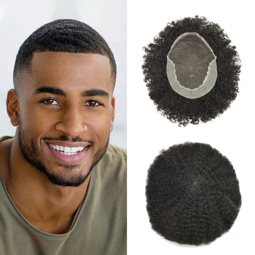 Q6 Afro Kink Curl Toupee for Black Men French Lace African American Human Hair Replacement Systems Breathable Swiss Lace Hairpiece