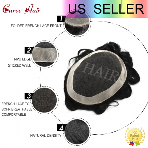 Toupee for Men Durable French Lace Mens Toupee Human Hair System Poly Skin Around Mens Wig Transparent Lace Hair Replacement System