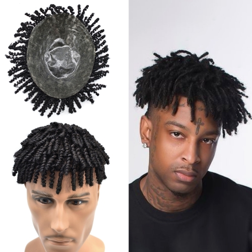 Afro Toupee Twist Kinky Curly Toupee for Black Men Short African American Mens Hair Replacement System Afro Crochet Braids Wigs 8X10&quot; 6MM Hair Units f