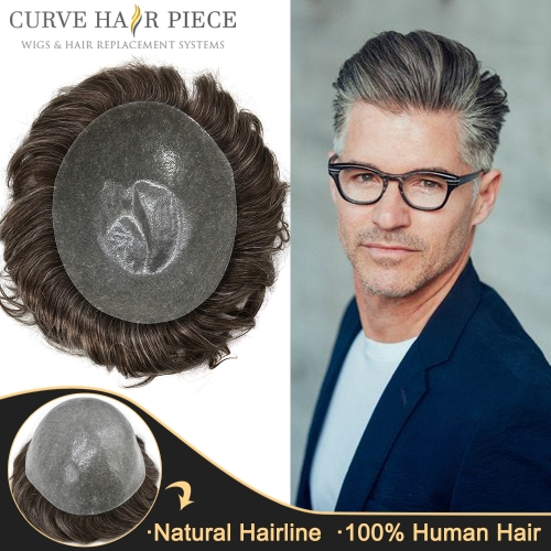 Full Poly 0.10mm Mens Toupee Thin Soft Human Hair System for Men All Transparent Skin Replacement Durable PU Hairpiece Wig for Men