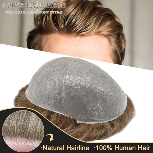 Thin Skin 0.06MM Mens Toupee Invisible Men Hair Replacement 100% Human Hair Poly Hairpiece Natural Hairline Human Hair System