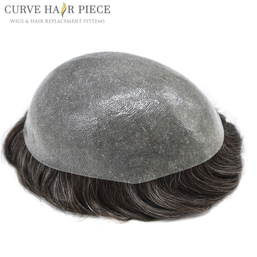 Full Poly 0.10mm Mens Toupee Thin Soft Human Hair System for Men All Transparent Skin Replacement Durable PU Hairpiece Wig for Men
