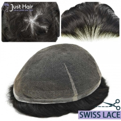 Swiss Lace Men's Toupee Hairpiece Full Lace Soft Hair Replacement System Transparent With Gray Hair wig