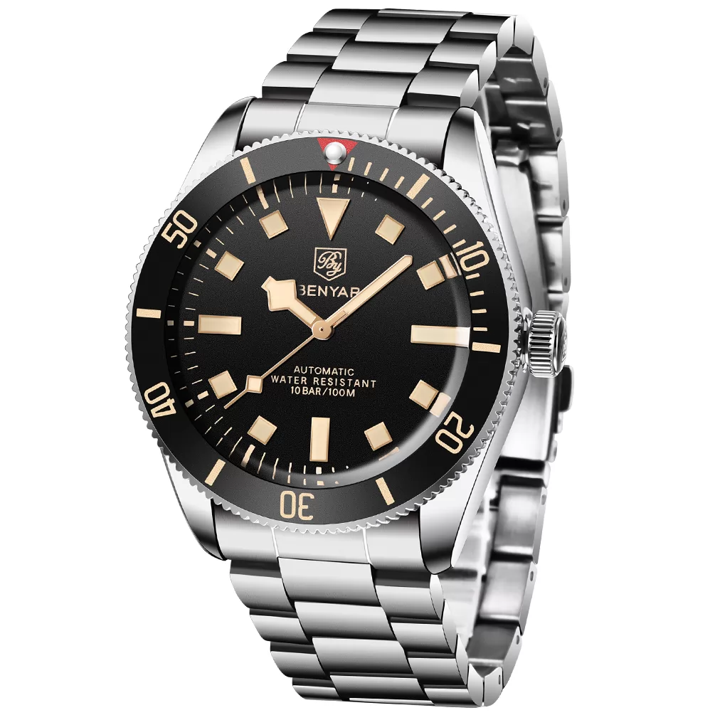 BENYAR Men's Automatic Watches Black Bay Homage Luxury Business Waterproof Wrist Watch for Men Alloy Case Stainless Steel Bracelet