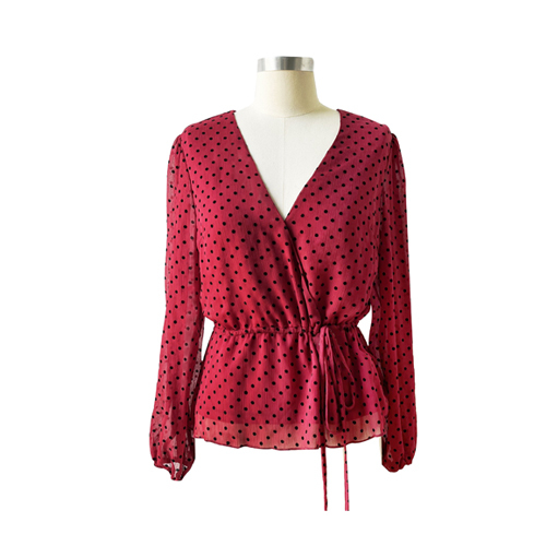 Summer Ladies V-Neck Chiffon Fabric Blouse Long Sleeve