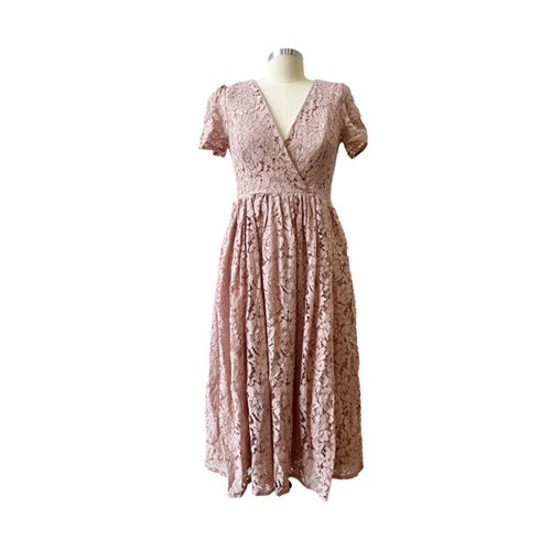 Fashion Pink Lace Midi Dress V neck Elegant Lady Dress