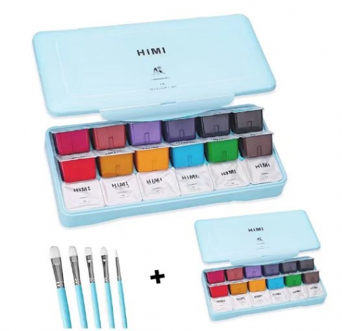 HIMI Gouache Paint, Set of 18 Colors×30ml with 5 Paint Brushes, Unique Jelly Cup Design, Non Toxic