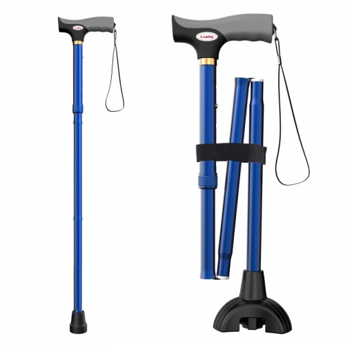 S-caring Foldable Walking Cane Adjustable Height, Lightweight Non-slip Elderly Stick with 2 Bases, Three Feet Senior Walking Stick Blue