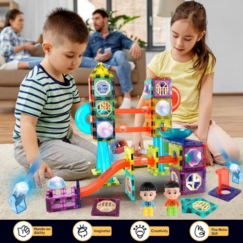 Aomola Magnetic Tiles,202 Pieces Pipe Magnetic Building Blocks Set,3D Clear Magnet Toys with Lighted Balls,Marble Run Magnetic Blocks for Kids,STEM To