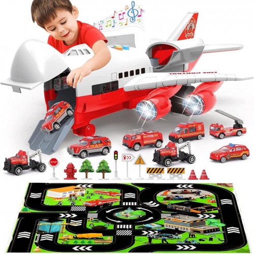 AomolaTransport Cargo Airplane Toy-Car Toys for Boys with Large Play Mat, Sounds Buttons Flashing Light,Vehicles Fire Trucks for Kids Toddlers,Gift fo