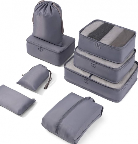 Meowoo Packing Cubes Travel Organizer 8 Set Luggage Organizers with Shoe Bag Travel Cubes Suitcase Organizer Set Waterproof Storage Bags(Grey)