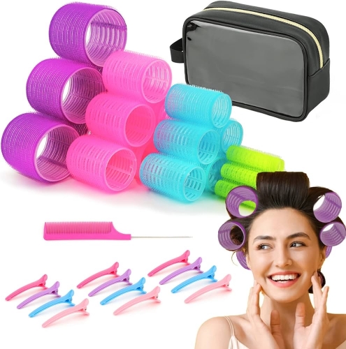 SOONINNO Hair Rollers Curlers Set 38 Pcs, Perfect for Long Medium Short Hair with 4 Sizes Self Grip Velcro Rollers Heatless Styling Tools, with Large 