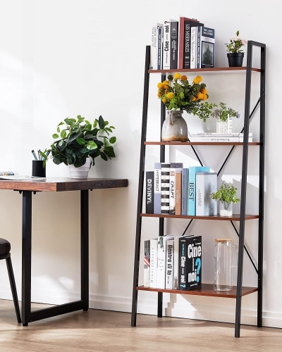 Furninxs Ladder Shelf Bookcase, Bookshelf 4 Tier Industrial Standing Shelf Storage Rack Storage Organizer, Steel Frame Book Shelf for Living Room/Kitc