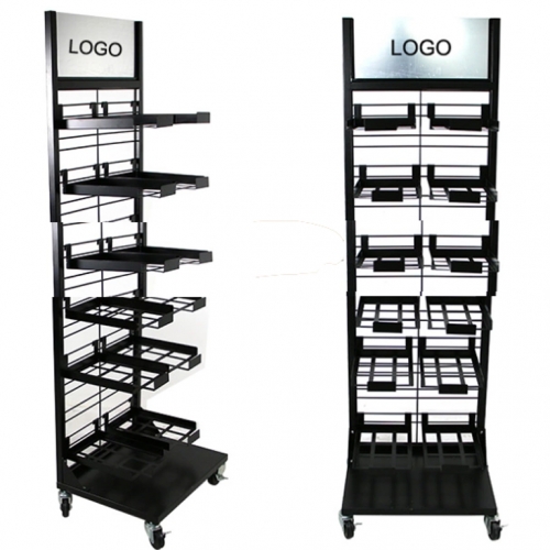 Floor standing 4 tier customized vinyl roll bread candy food gum cookies display metal rack with basket