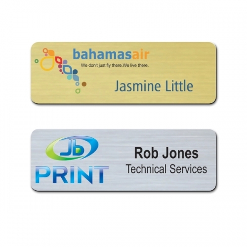 The Zeus full color metallic plastic name badge 1" x 3"