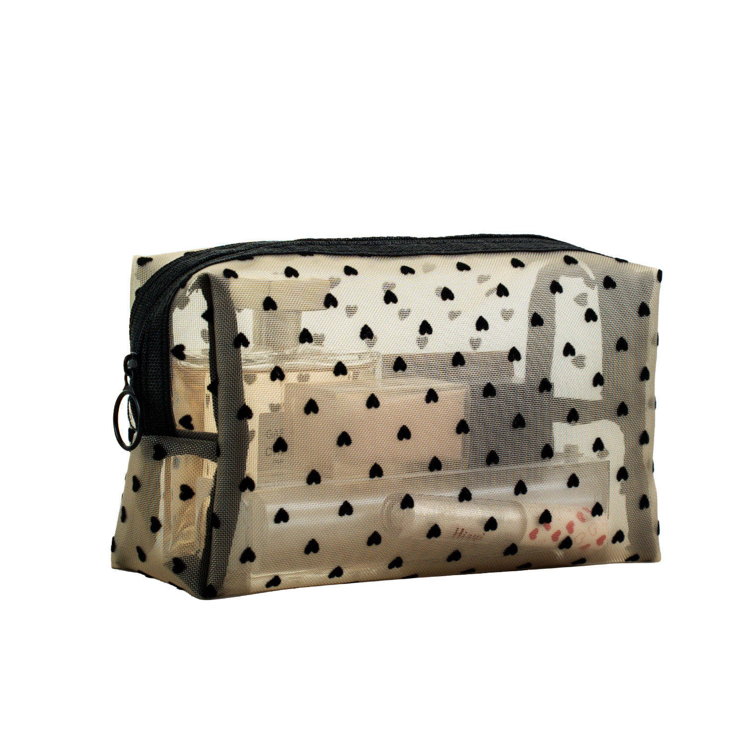 Heart Print Mesh Makeup Bag