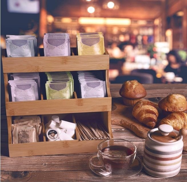 Bamboo Countertop Tea Packet Caddy Rack