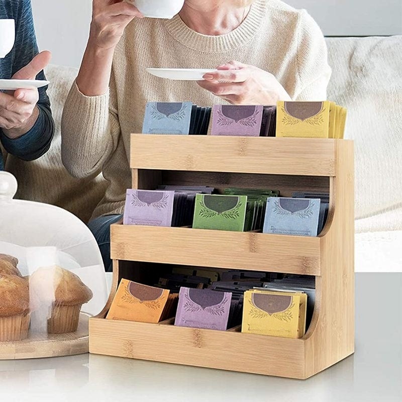 Bamboo Countertop Tea Packet Caddy Rack