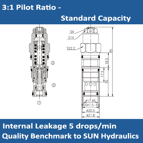 E-CBCA 3:1 PILOT RATIO, STANDARD CAPACITY COUNTERBALANCE VALVE