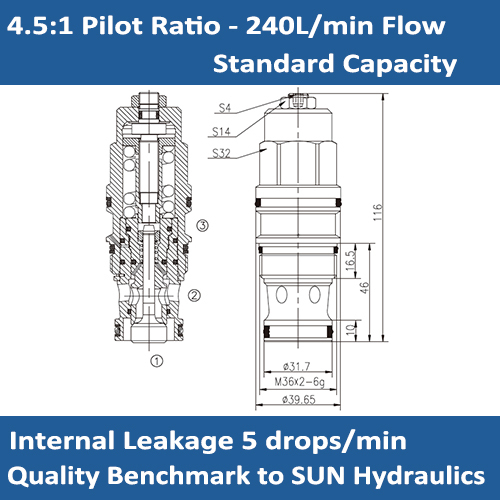 E-CBGG 4.5:1 PILOT RATIO, STANDARD CAPACITY COUNTERBALANCE VALVE