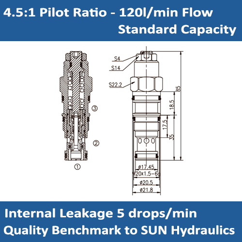 E-CBEG 4.5:1 pilot ratio, standard capacity counterbalance valve