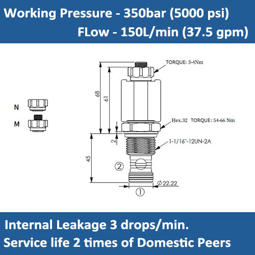 E-EP-12W-06 SOLENOID CARTRIDGE VALVE, POPPET, 2 WAY, N.O, HIGHER PRESSURE