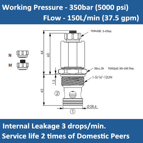 E-EP-16W-31 SOLENOID CARTRIDGE VALVE, POPPET, 2 WAY, N.C, BI-DIRECTIONAL BLOCKING, HIGHER PRESSURE
