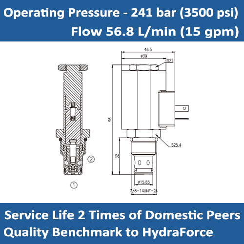 E-SV10-22 SOLENOID CARTRIDGE VALVE POPPET, 2 WAY, NORMALLY CLOSED