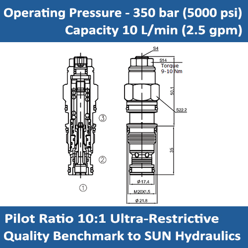 E-CBAH 10:1 pilot ratio, ultra-restrictive counterbalance valve