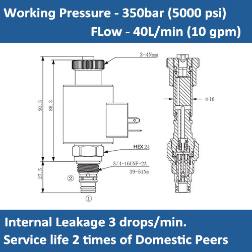 E-EP-08W-32 SOLENOID CARTRIDGE VALVE, POPPET, 2 WAY, N.O, BI-DIRECTIONAL BLOCKING, HIGHER PRESSURE