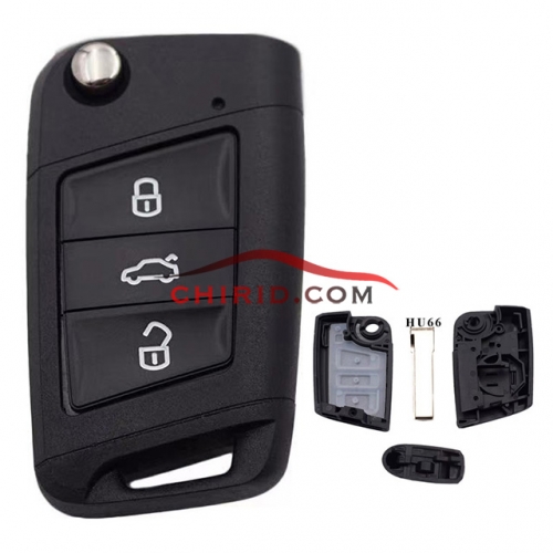 VW 3 button flip remote key blank with HU66 blade