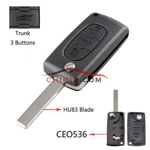 Citroen 407 3-button  flip key shell with trunk button genuine factory high quality the blade is HU83 model -"HU83-SH3-Trunk- with battery place"