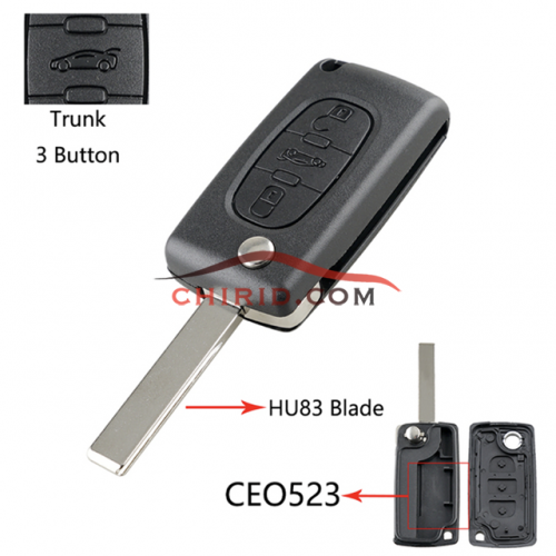 Citroen 407 3-button  flip key shell with trunk button genuine factory high quality the blade is HU83 model -"HU83-SH3-Trunk- no battery place"