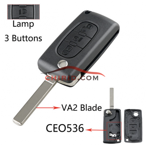 Citroen 307 3- button  flip key shell with light button genuine factory high quality the blade is VA2 model -"VA2-SH3-Light- with battery place"