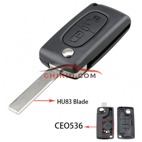 Citroen 407 2 buttons  flip key shell with genuine factory high quality the blade is HU83 model -"HU83-SH2- with battery place"