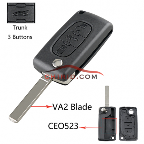 Citroen 307 3-button  flip key shell with trunk button genuine factory high quality the blade is VA2 model -"VA2-SH3-Trunk- no battery place"