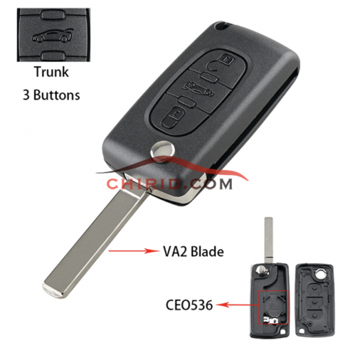 Citroen 307 3-button  flip key shell with trunk button genuine factory high quality the blade is VA2 model -"VA2-SH3-Trunk- with battery place"