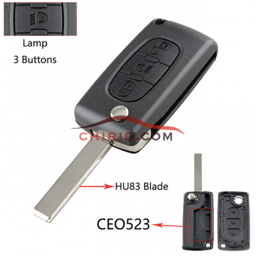 Citroen 407 3- button  flip key shell with light button genuine factory high quality the blade is HU83 model -"HU83-SH3-Light- no battery place"