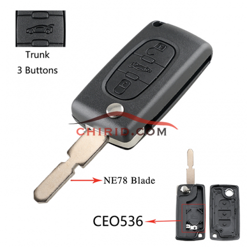 Citroen 406, 3 button remote key blank with High quality trunk button the blade is NE78 model -"NE78-SH3-Trunk- with battery place"