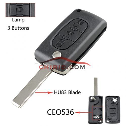 Citroen 407 3- button  flip key shell with light button genuine factory high quality the blade is HU83 model -"HU83-SH3-Light- with battery place"