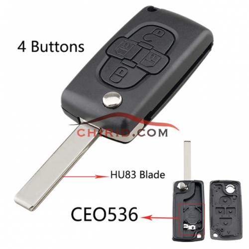 Citroen 407 4 button remote key blank with battery  the model is HU83-SH4-with battery place