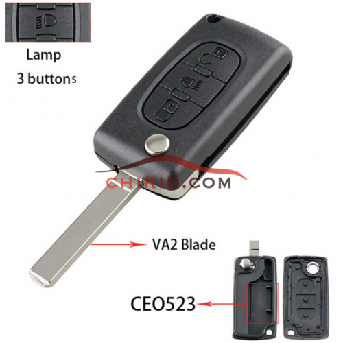 Peugeot 307 3- button  flip key shell with light button genuine factory high quality the blade is VA2 model -"VA2-SH3-Light- no battery place"