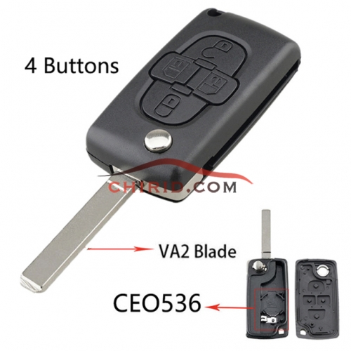 Peugeot 307 4 button remote key blank with battery  the model is VA2-SH4-with battery place