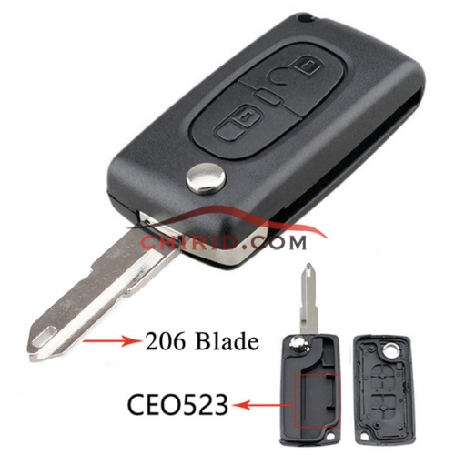 Peugeot 206 2 button flip remote key shell the blade is 206 blade without battery place