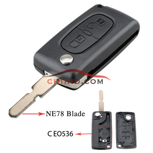 Peugeot 406 2 buttons  flip key shell High quality the blade is NE78 model -"NE78-SH2- with battery place"