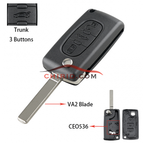 Peugeot 307 3-button  flip key shell with trunk button genuine factory high quality the blade is VA2 model -"VA2-SH3-Trunk- with battery place"