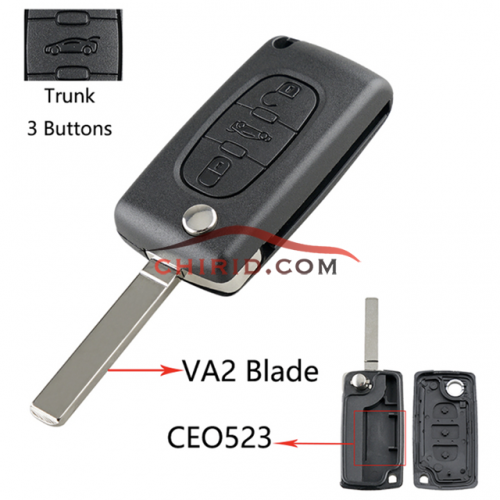 Peugeot 307 3-button  flip key shell with trunk button genuine factory high quality the blade is VA2 model -"VA2-SH3-Trunk- no battery place"