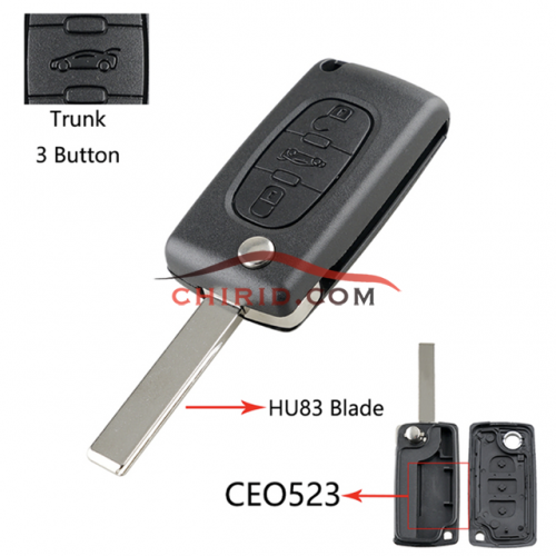 Peugeot 407 3-button  flip key shell with trunk button genuine factory high quality the blade is HU83 model -"HU83-SH3-Trunk- no battery place"