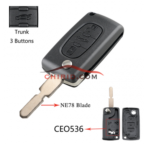 Peugeot 406, 3 button remote key blank with High quality trunk button the blade is NE78 model -"NE78-SH3-Trunk- with battery place"